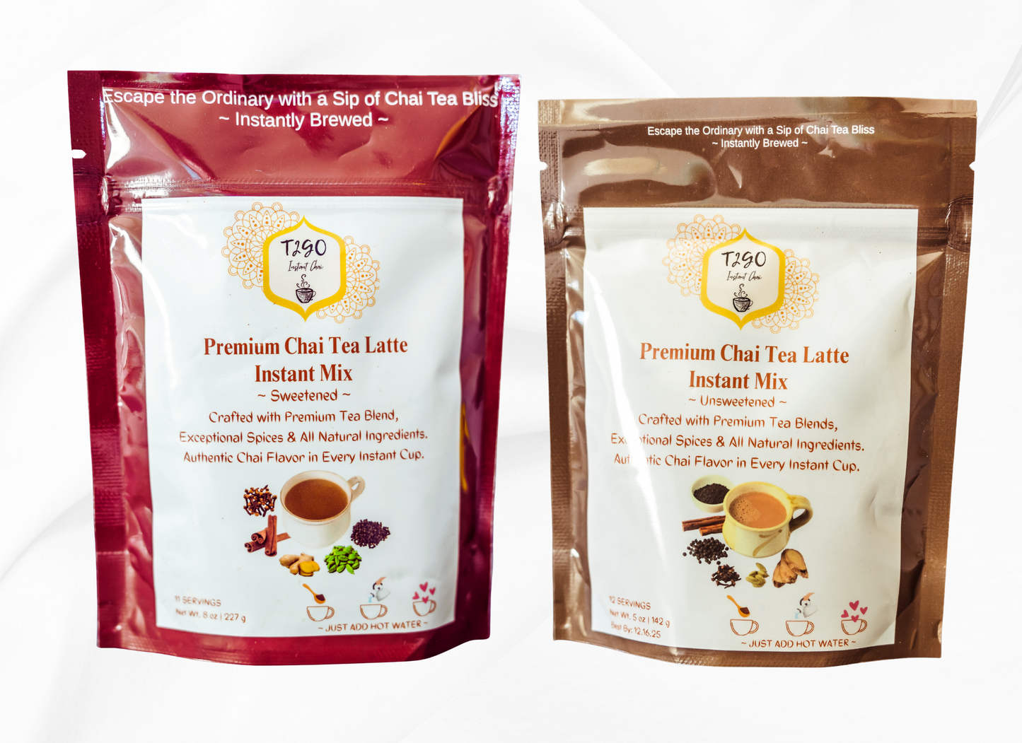 Combo pack – Unsweetened Instant Chai Latte 5oz & Sweetened Instant Chai Latte 8oz by T2Go Chai