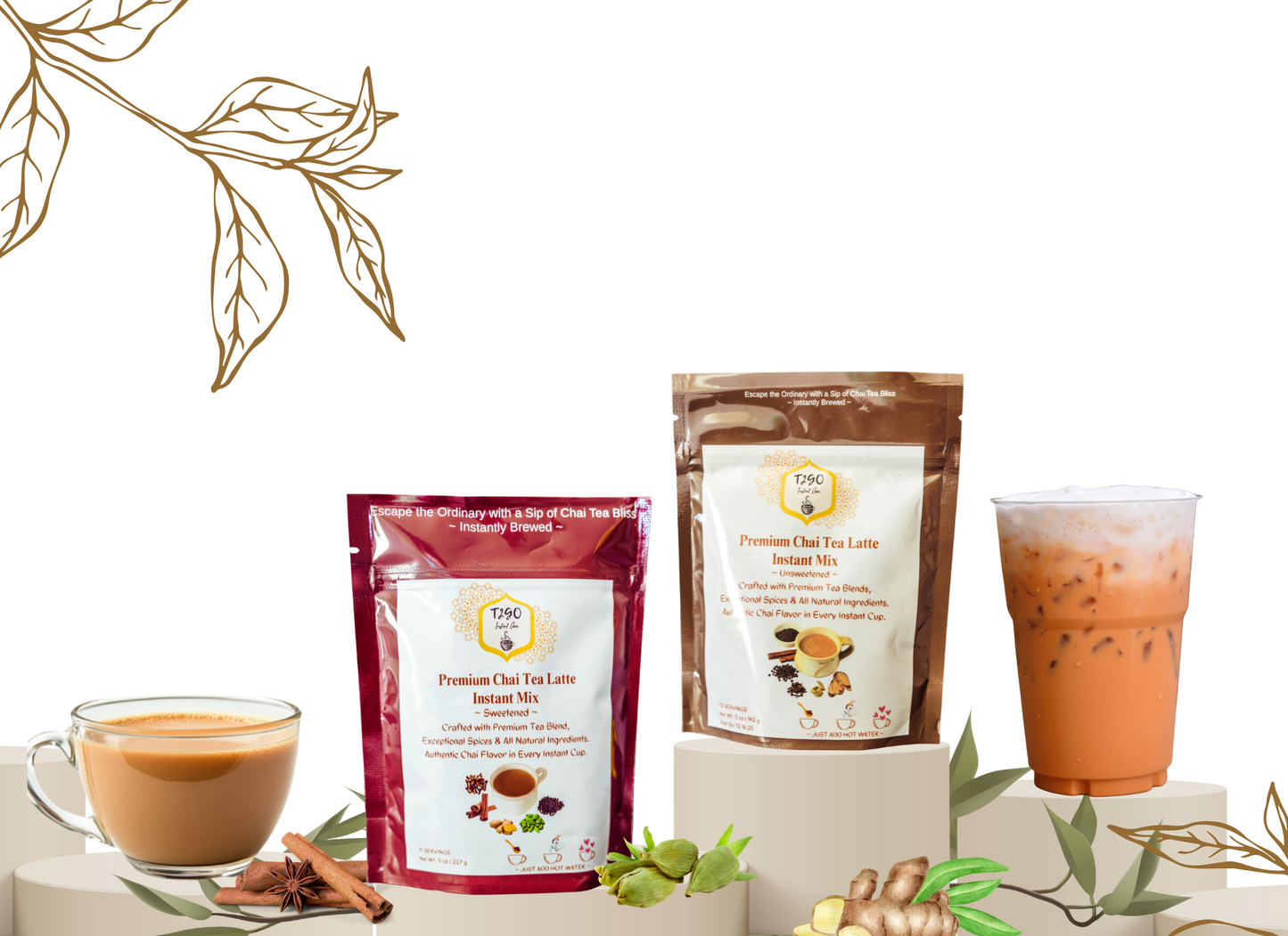 Combo pack – Unsweetened Instant Chai Latte 5oz & Sweetened Instant Chai Latte 8oz by T2Go Chai