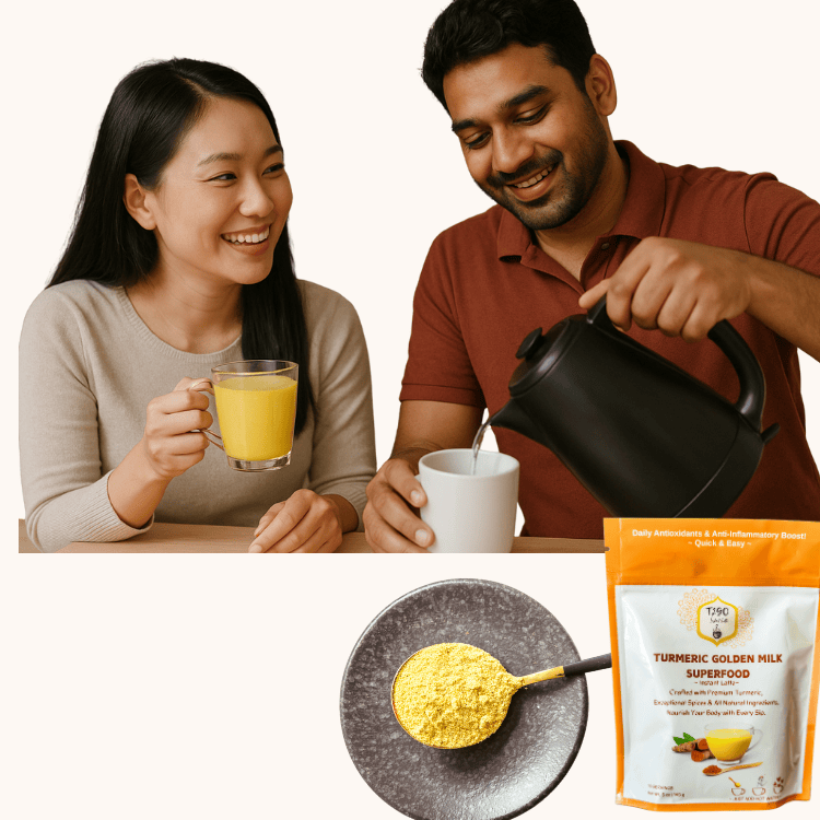 Man pouring liquid into a cup with a woman holding a glass of yellow drink, with a package of Turmeric Golden Milk Superfood in the foreground.