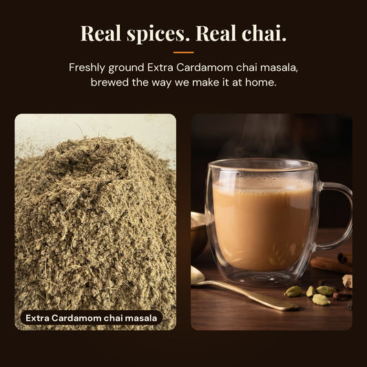 Close-up of freshly ground Extra Cardamom chai masala next to a mug of homemade masala chai