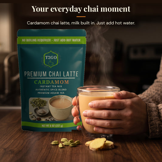 Hands holding a glass mug of hot cardamom chai latte next to a T2GO Cardamom instant chai pouch