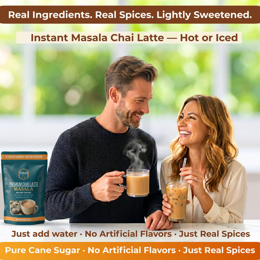 Man and woman smiling and enjoying hot and iced T2GO Instant Masala Chai Latte prepared with real spices and pure cane sugar