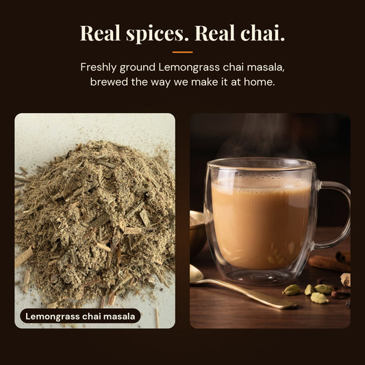 Close-up of freshly ground Lemongrass chai masala next to a mug of homemade masala chai