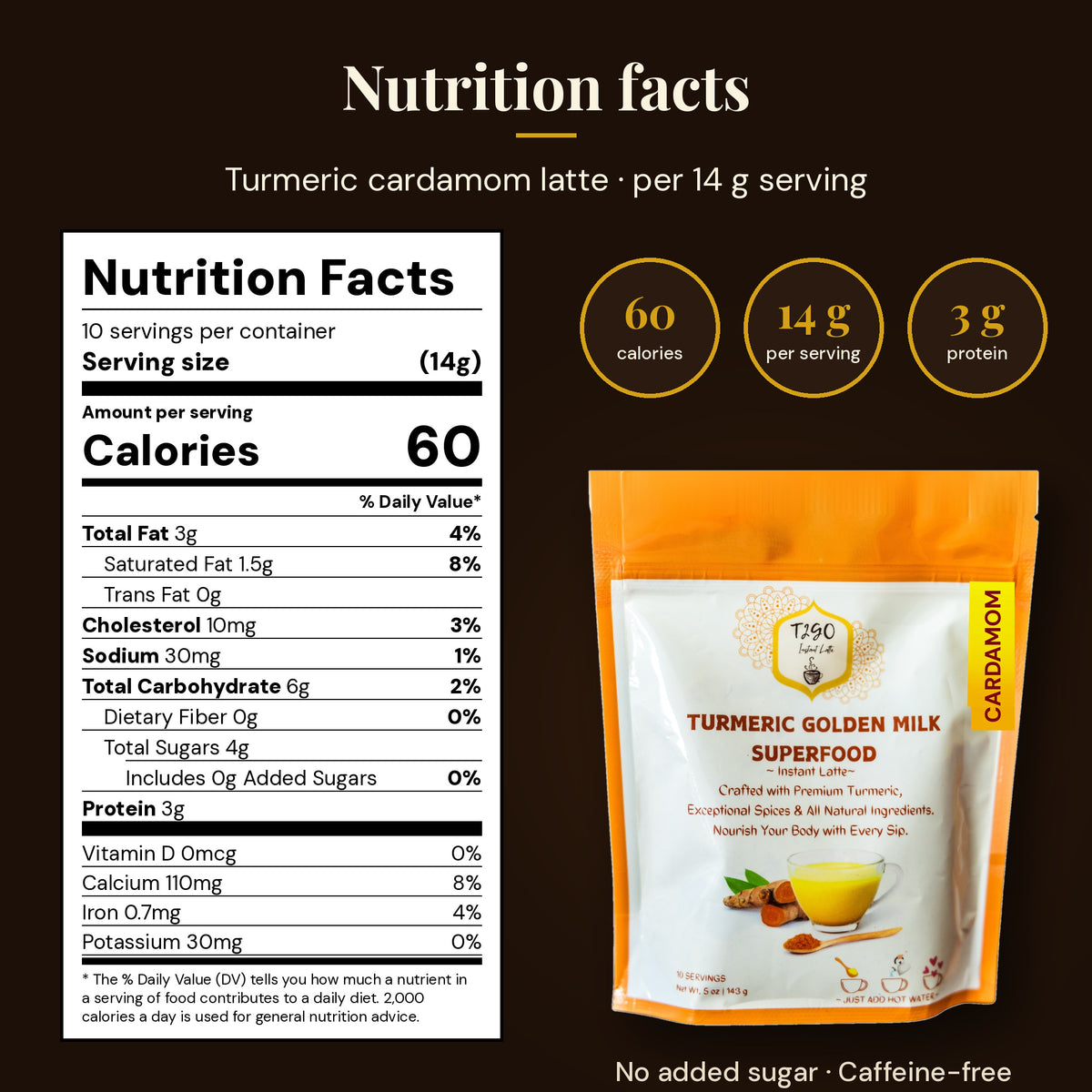 Nutrition facts for T2GO turmeric cardamom latte: 60 calories, 0 g added sugar, 3 g protein per 14 g serving