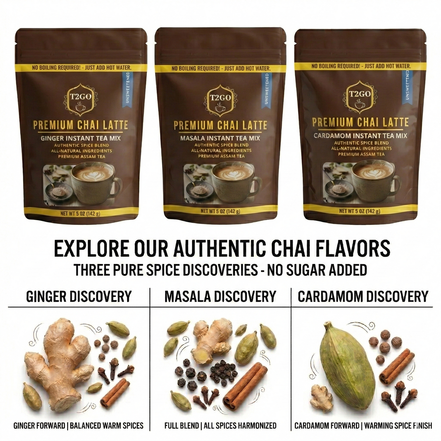T2GO Authentic Chai Discovery guide featuring Ginger, Masala, and Cardamom flavors. Highlights the "No Sugar Added" and "No Boiling Required" benefits for each premium instant tea latte mix.