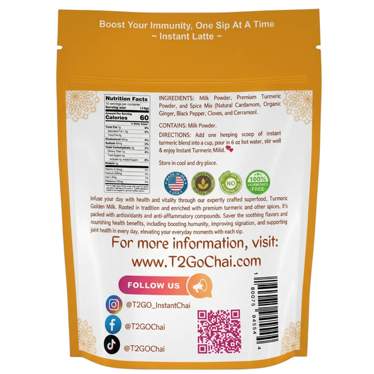 Back of package for T2GO Unsweetened Turmeric Cardamom Ginger Masala Golden Milk showing nutrition facts and clean ingredients. Features 60 calories per serving, 0g added sugar, and a potent spice blend of ginger, black pepper, and cardamom for immunity and anti-inflammatory support.