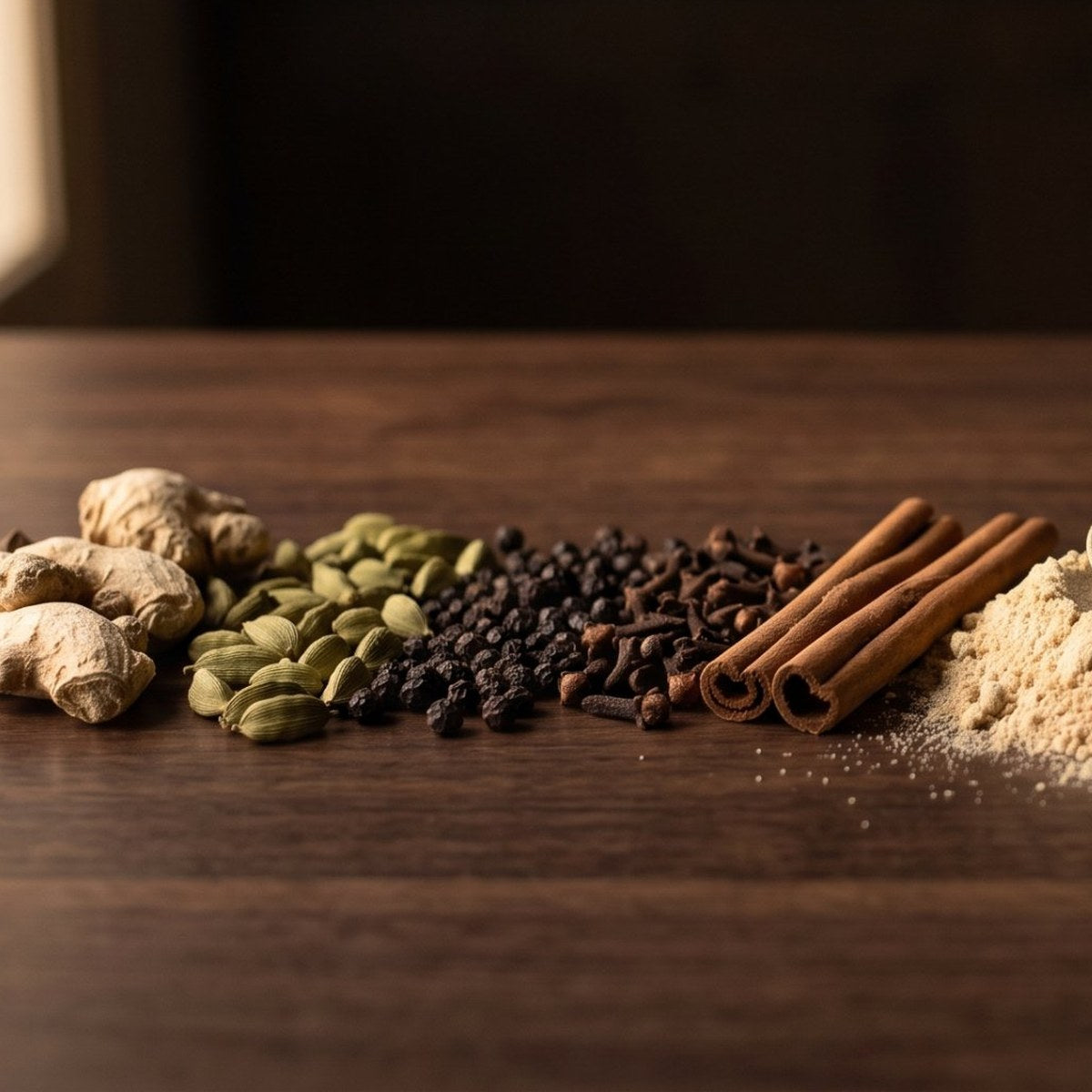 Chai masala spices: ginger, cardamom, black pepper, cloves and cinnamon
