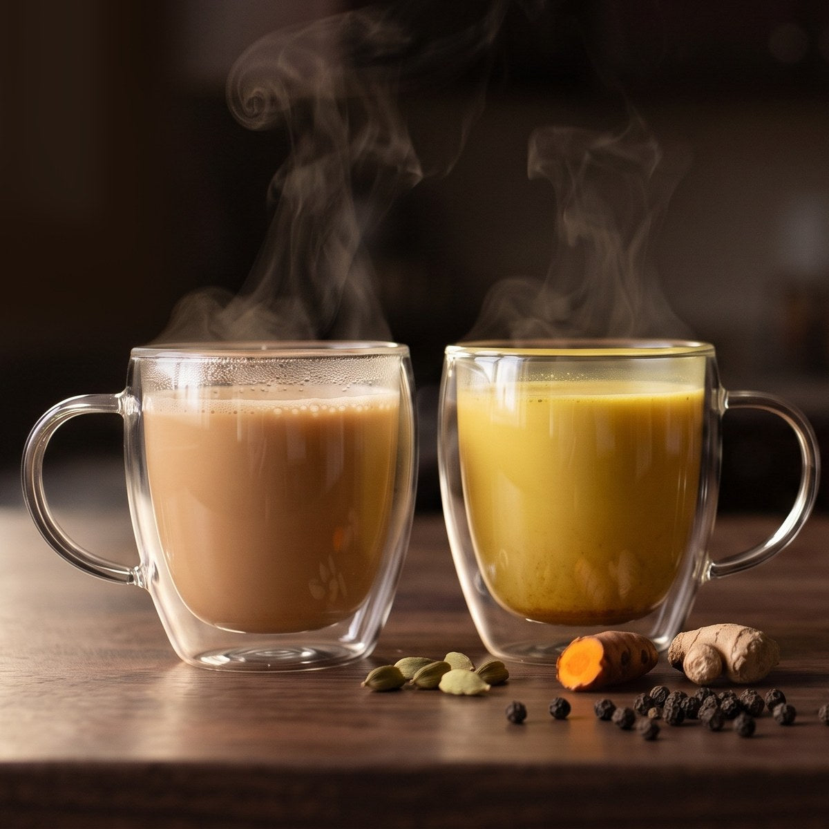 Instant chai latte and turmeric golden milk latte in glass mugs with cardamom, turmeric and black pepper