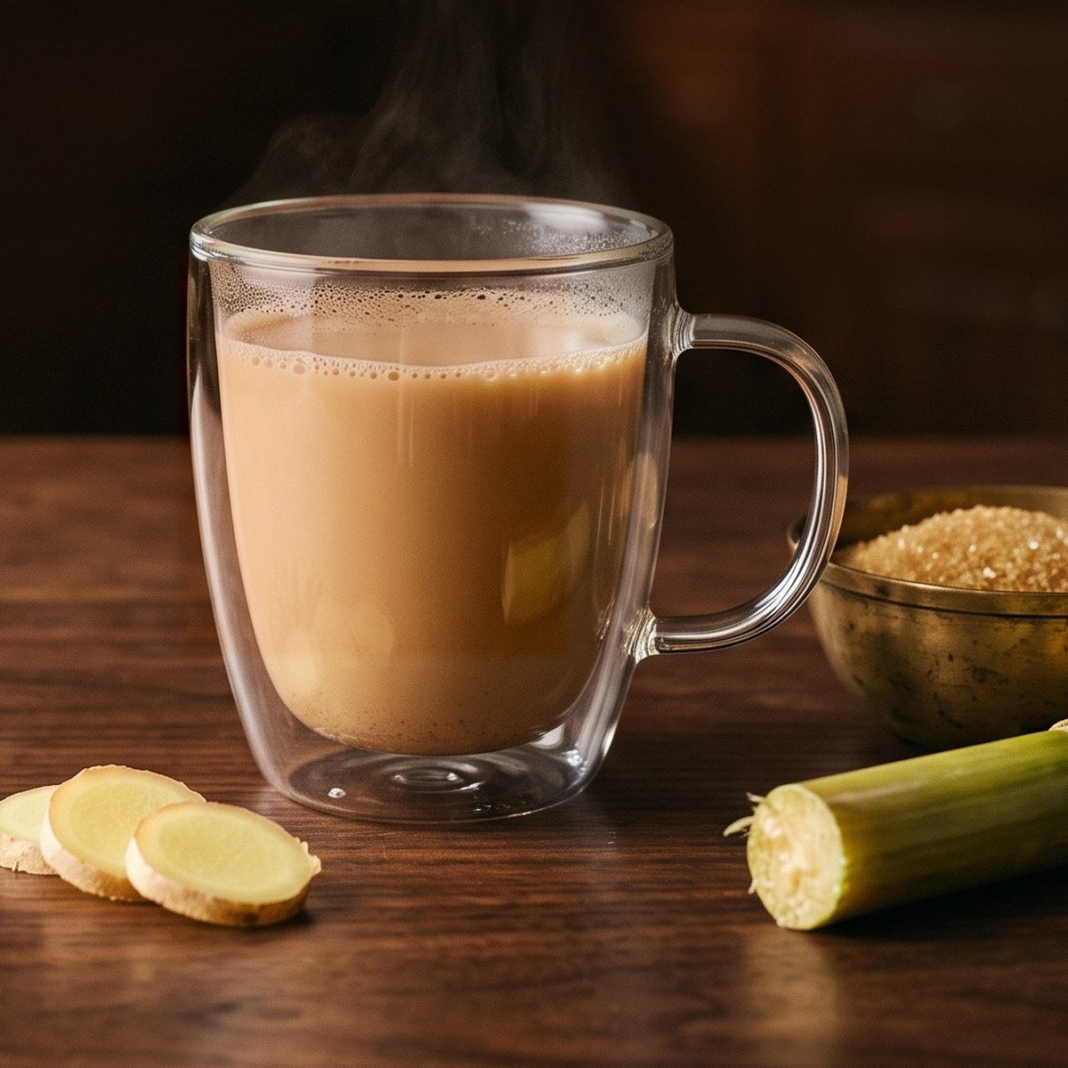 Sweetened instant chai latte with cane sugar, ginger slices and cardamom
