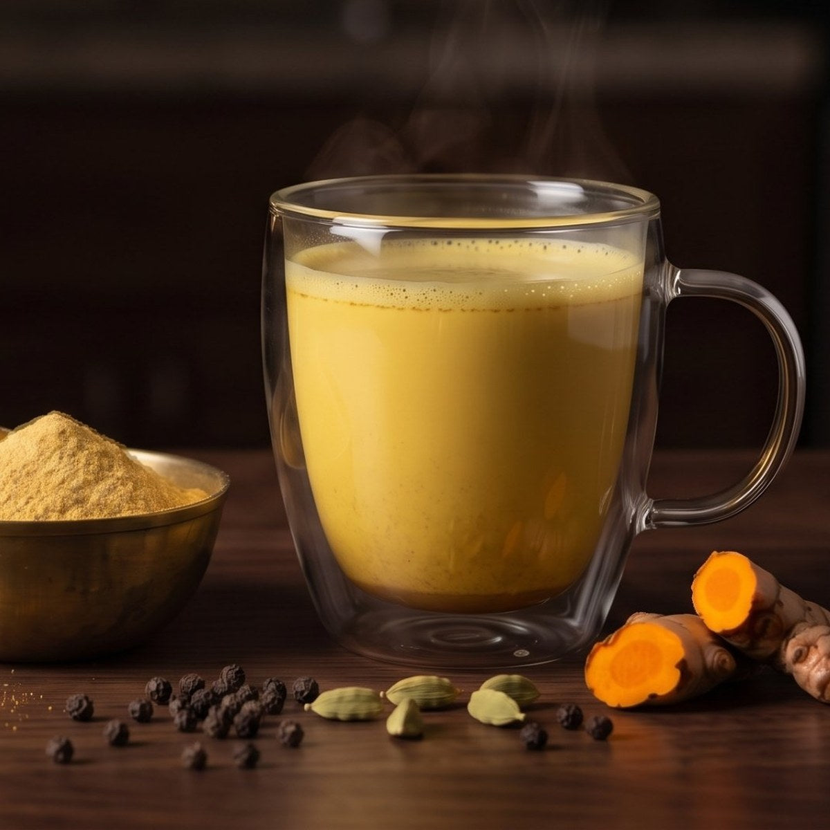 Instant turmeric golden milk latte with black pepper and fresh turmeric