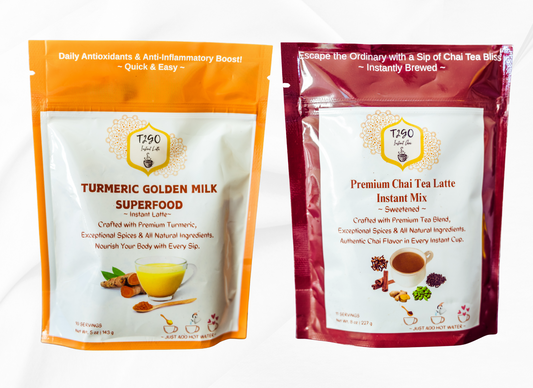 Two packages of TJFCO products: Turmeric Golden Milk Superfood and Premium Chai Tea Latte Instant Mix on a white background.