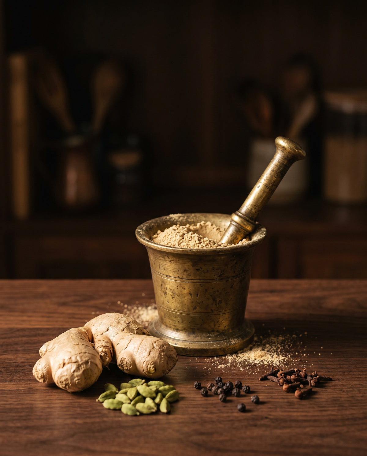 Brass mortar and pestle with ground chai masala, fresh ginger, green cardamom, black pepper and cloves