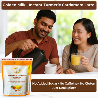 Couple enjoying T2GO instant turmeric golden milk latte at home — caffeine-free, sugar-free golden milk mix ready in 30 seconds