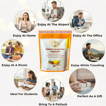 T2GO instant turmeric golden milk latte — perfect for work, post-workout recovery, and bedtime wellness routine; anti-inflammatory turmeric latte mix with ginger and cardamom
