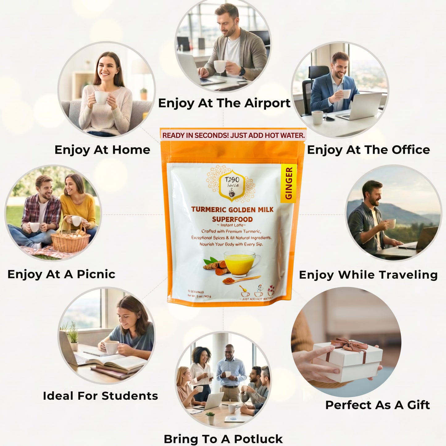 T2GO anti-inflammatory golden milk mix for post-workout recovery, morning energy, and bedtime wellness; just add hot water for a cafe-quality turmeric drink