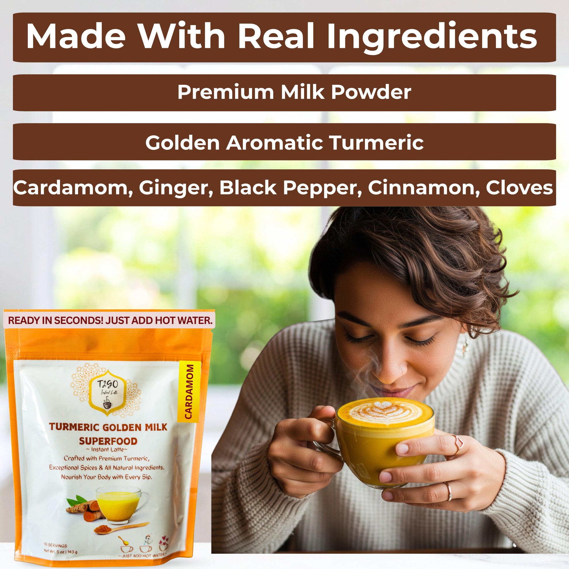 T2GO turmeric cardamom golden milk made with real ingredients — premium milk powder, turmeric, cardamom, ginger, black pepper, cinnamon, and cloves; no artificial flavors or fillers