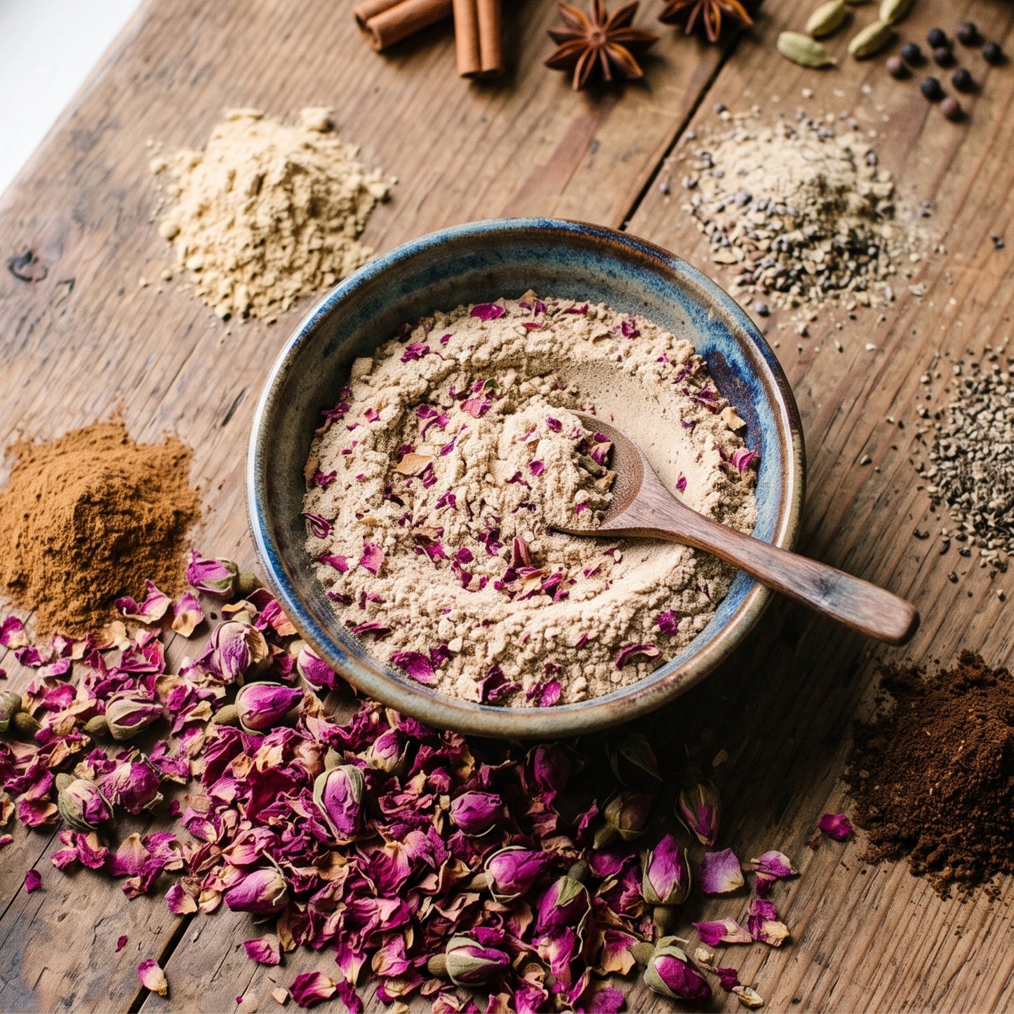 Rose chai masala spice blend with cinnamon, cardamom, cloves, ginger and dried rose petals