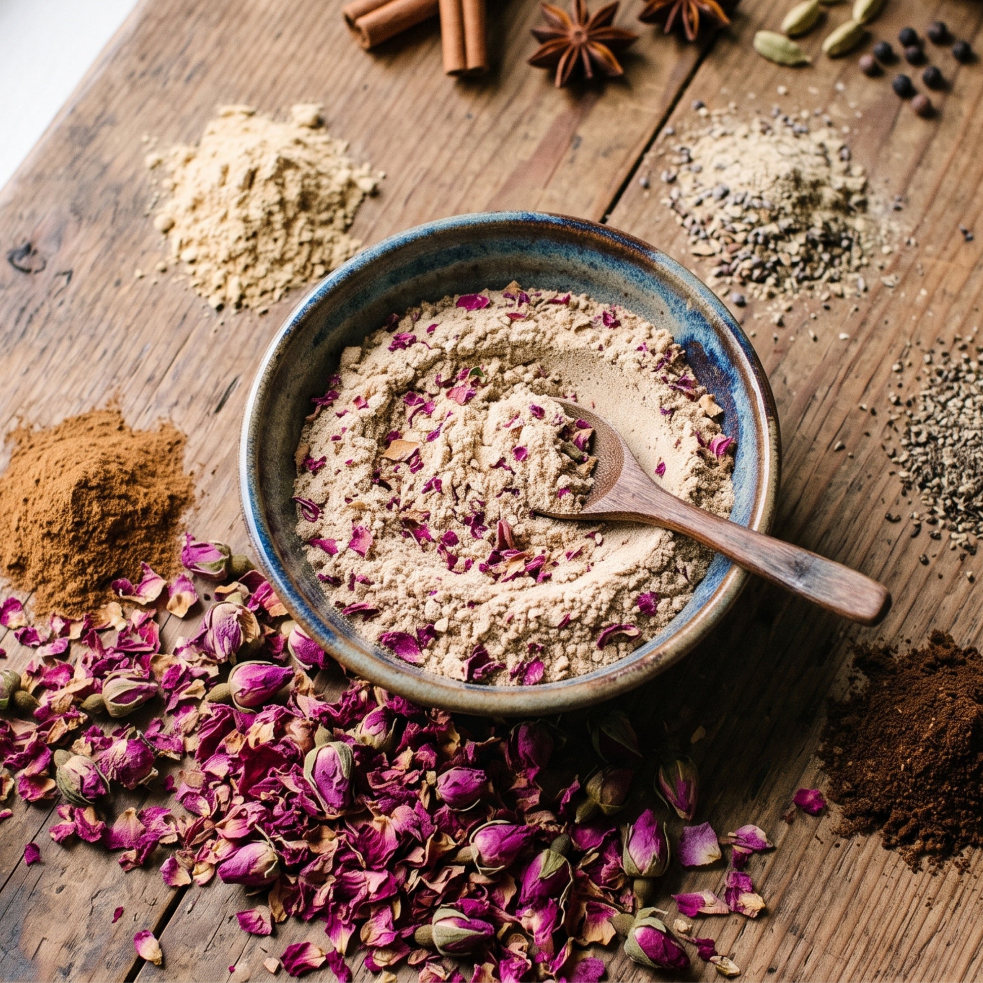 Rose chai masala spice blend with cinnamon, cardamom, cloves, ginger and dried rose petals