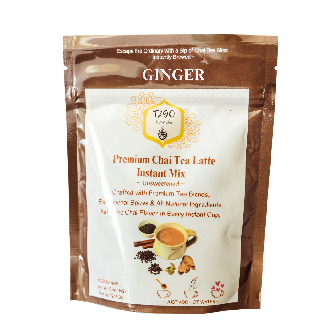 Ginger instant chai tea latte mix package with T240 branding on a white background