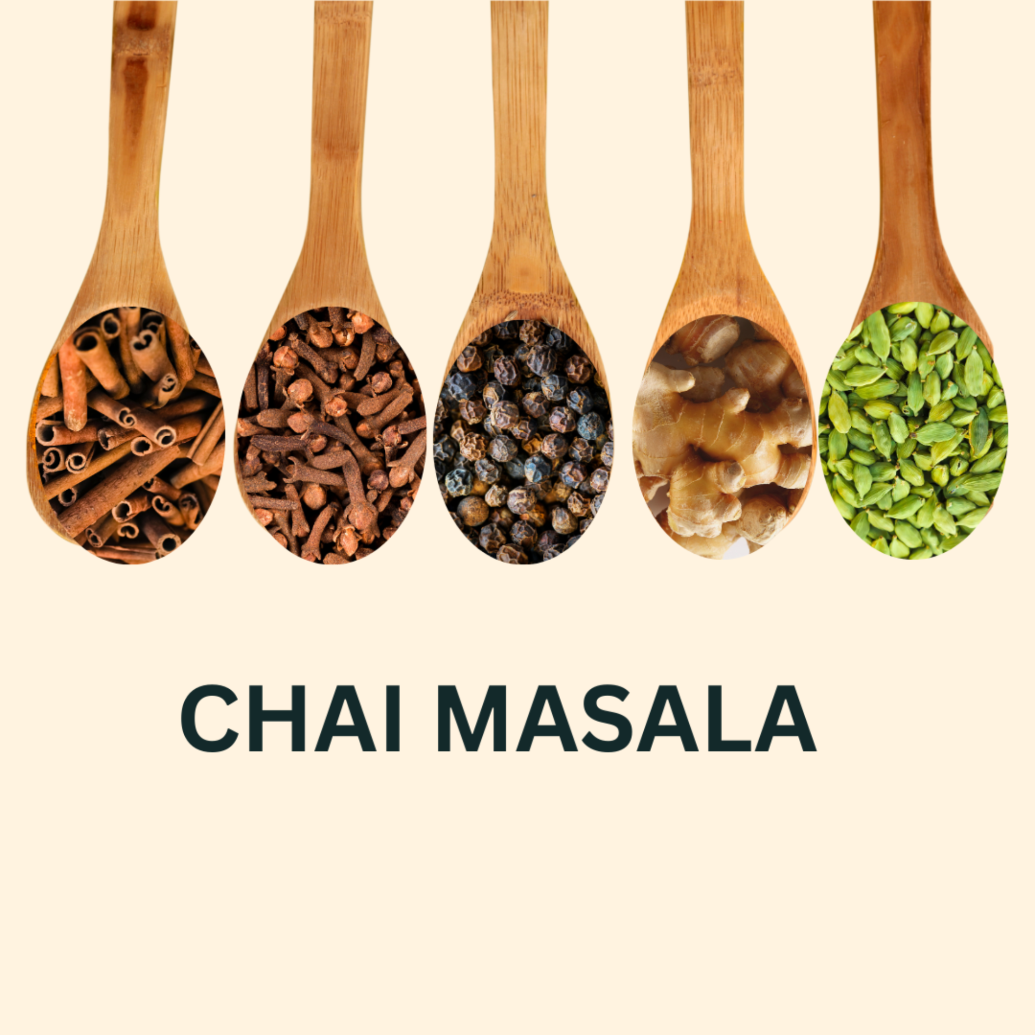 Five wooden spoons with various spices and 'CHAI MASALA' text on a beige background
