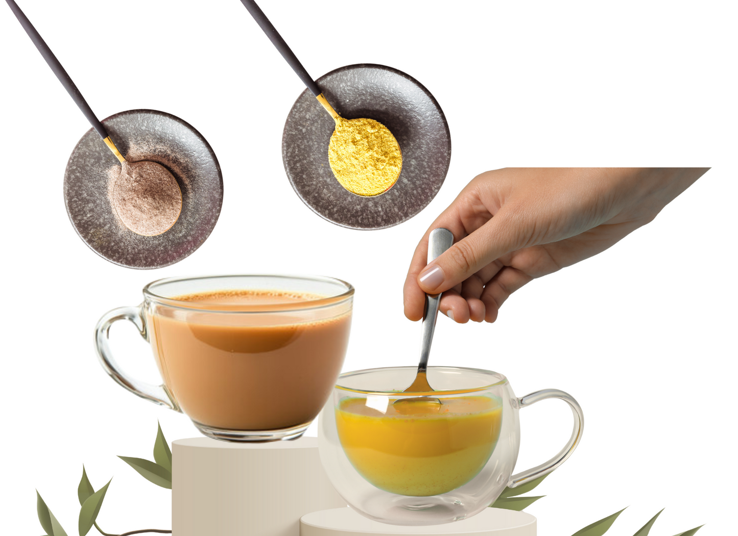Two glass cups with hot beverages, one with a spoon and the other with a hand stirring a yellow liquid.