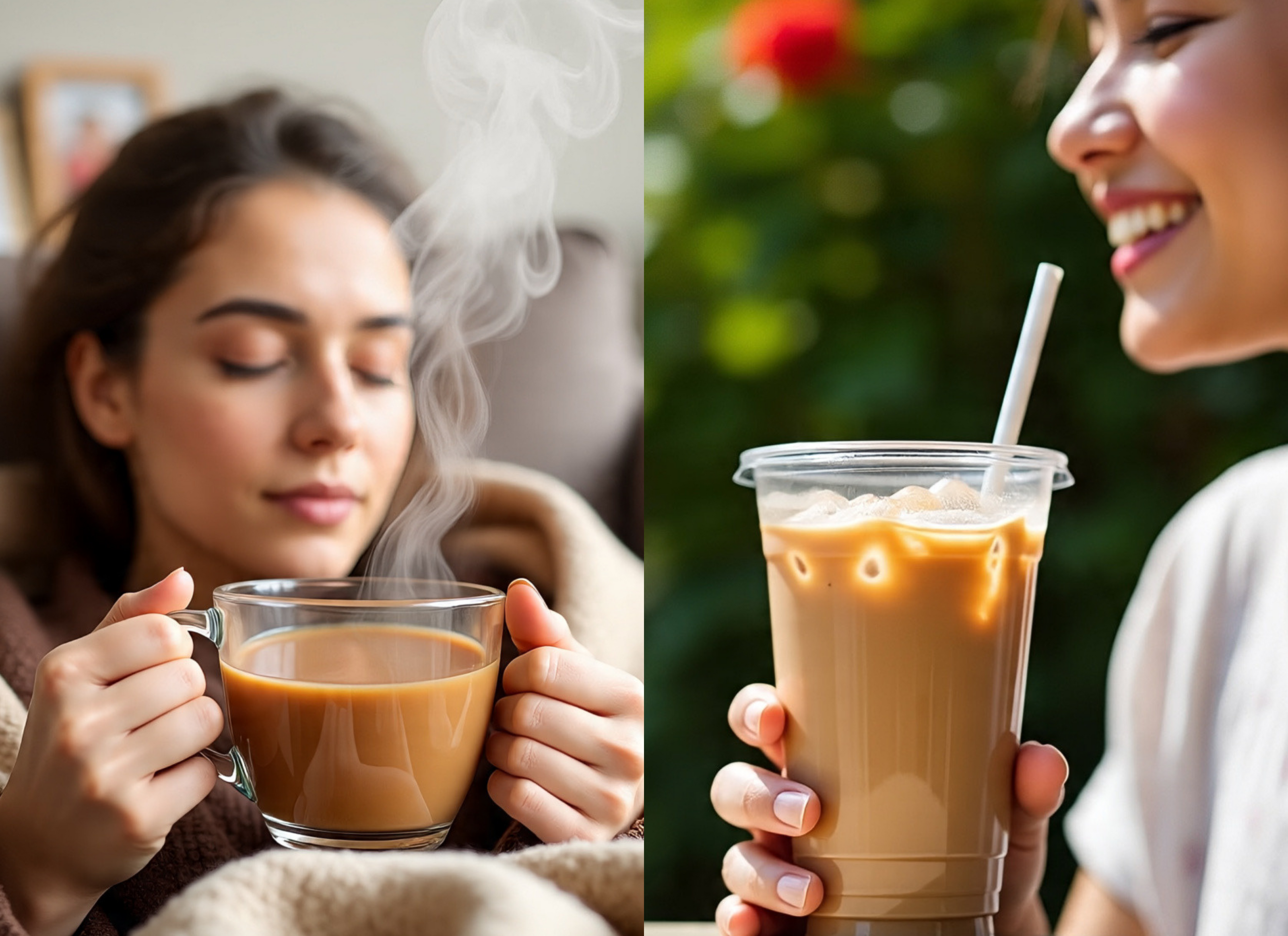 Two women enjoying different types of coffee, one with a steaming cup and the other with an iced coffee.