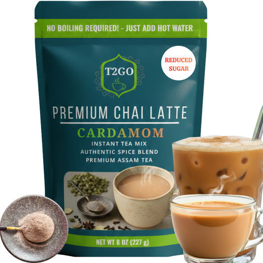 T2GO Premium Cardamom Chai Latte Instant Tea Mix 8 oz pouch with authentic Indian spices and premium Assam tea, low sugar tea powder. 