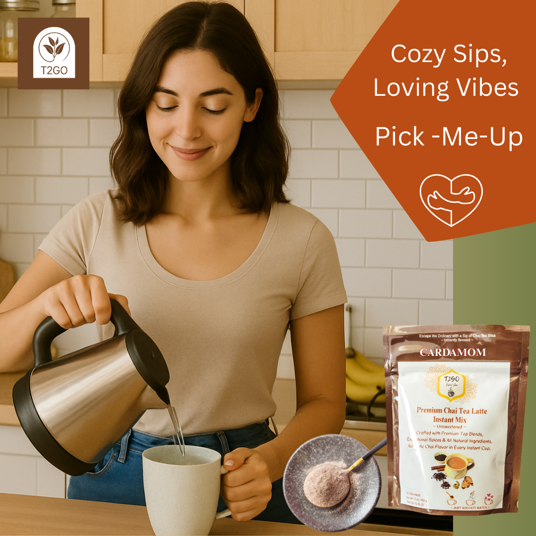 Woman pouring tea into a cup with T2GO Cardamom Premium Chai Tea Latte mix in the background