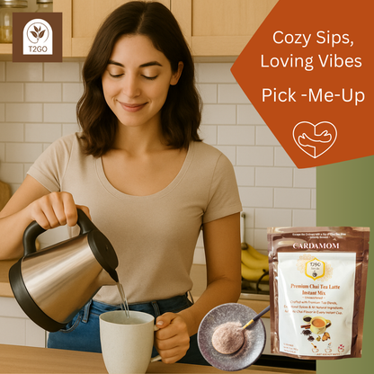 Woman pouring tea into a cup with T2GO Cardamom Premium Chai Tea Latte mix in the background