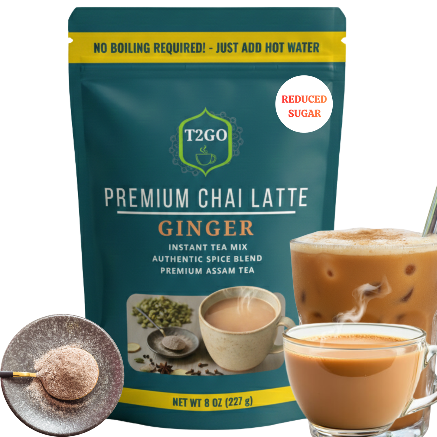 T2Go Ginger Masala Latte Mix; 3 in 1 instant tea powder with low sugar; premium ginger chai tea mix and golden milk alternative for hot or iced lattes.