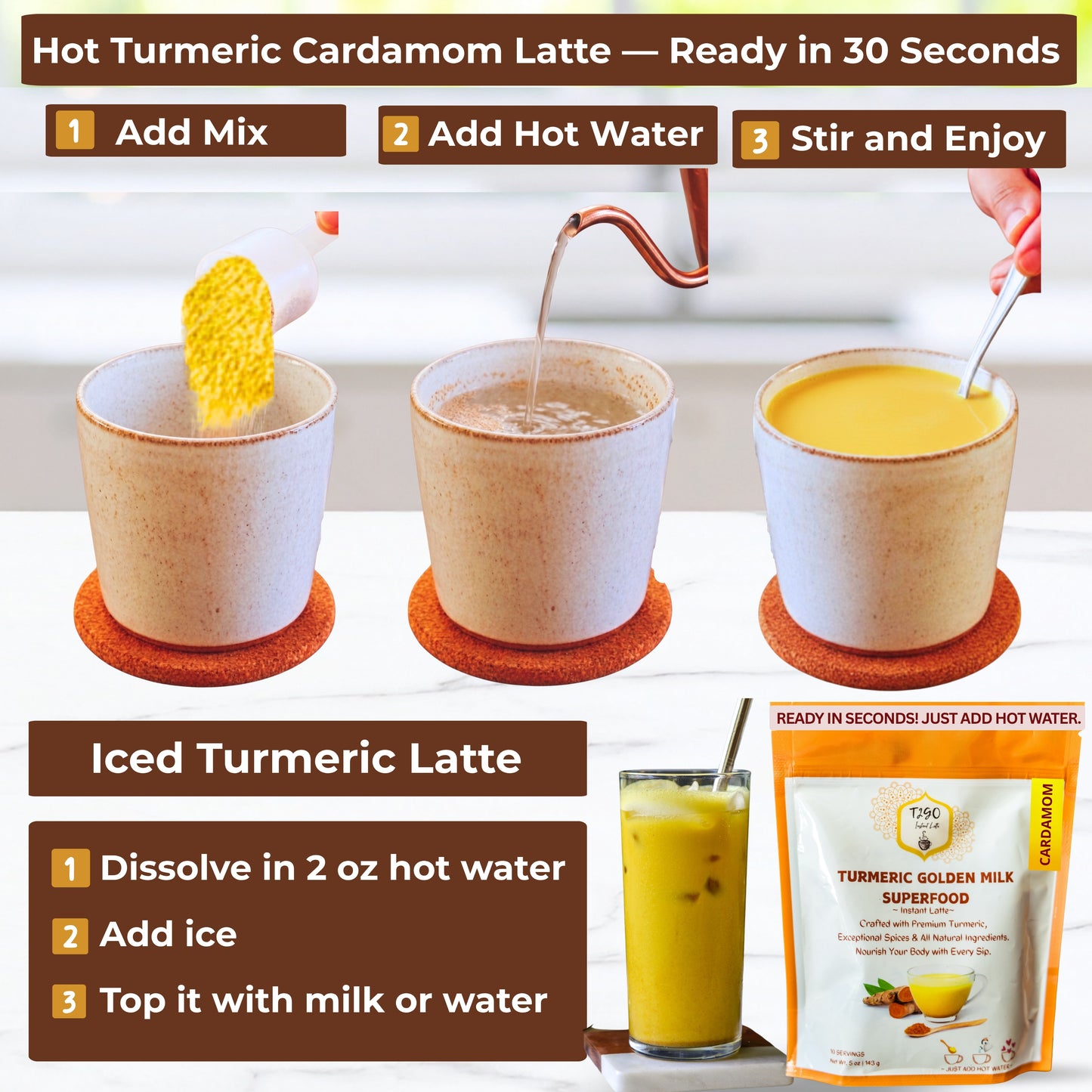 How to make T2GO turmeric latte powder in 3 steps: scoop, add hot water, stir — instant golden milk mix ready in 30 seconds, no boiling required