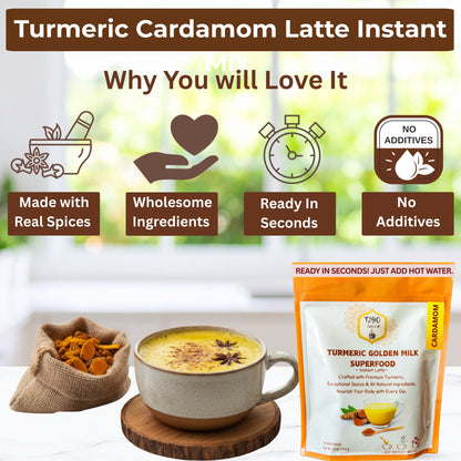 T2GO Turmeric Cardamom Latte features — keto friendly, caffeine-free, gluten-free instant golden milk powder with real cardamom and turmeric; no added sugar