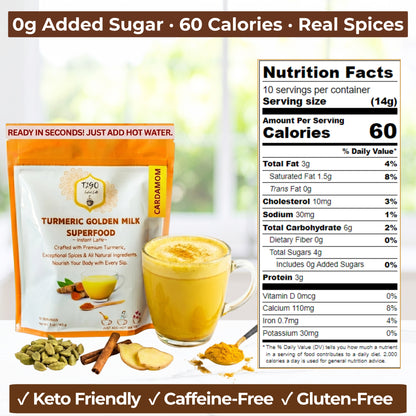 Nutrition facts for T2GO Turmeric Cardamom Golden Milk — 60 calories per serving, 0g added sugar, keto and diabetic friendly instant turmeric latte powder with clean label ingredients