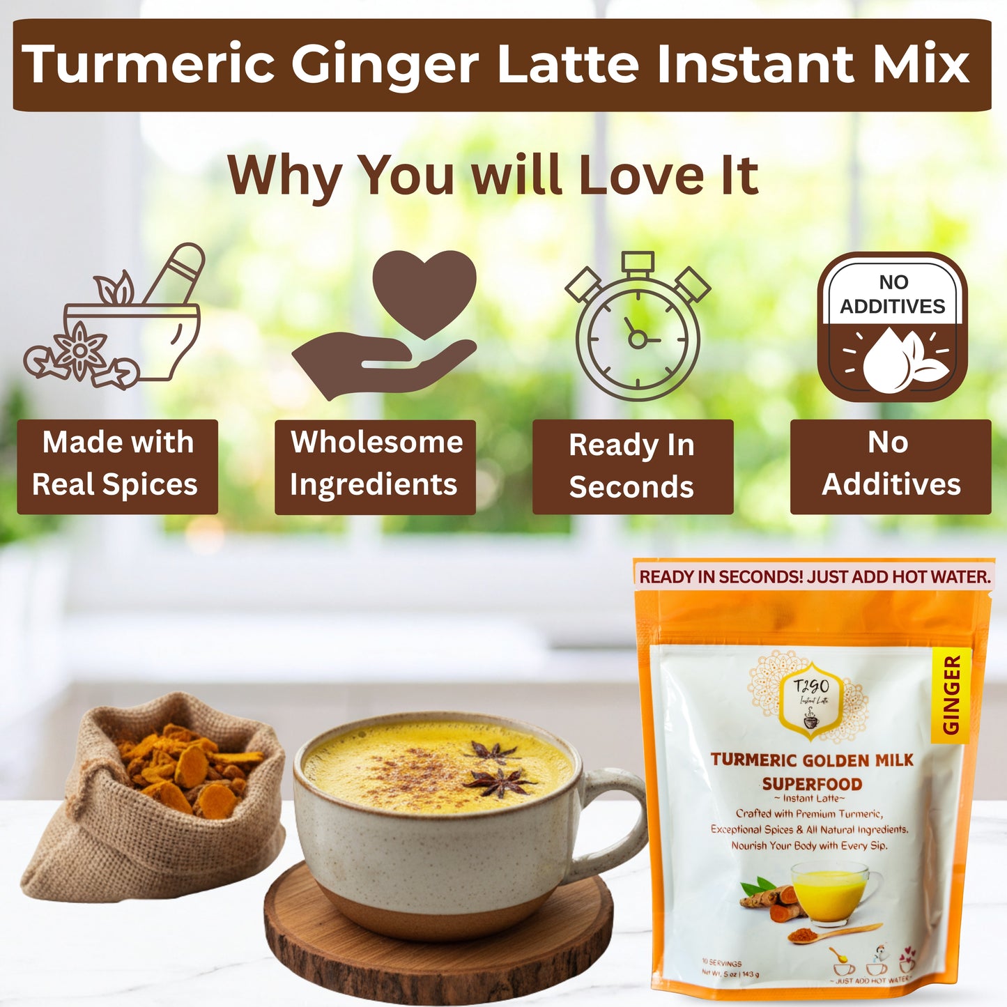 T2GO Turmeric Ginger Latte instant mix features — keto friendly, caffeine-free, gluten-free golden milk powder with real sun-dried ginger and turmeric; no added sugar or artificial flavors