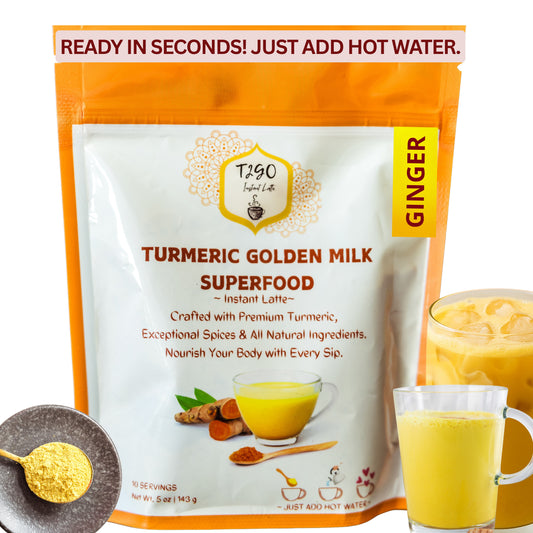 T2GO Turmeric Ginger Golden Milk instant latte powder in 5oz orange pouch with a frothy golden turmeric ginger latte — sugar-free, caffeine-free, just add hot water
