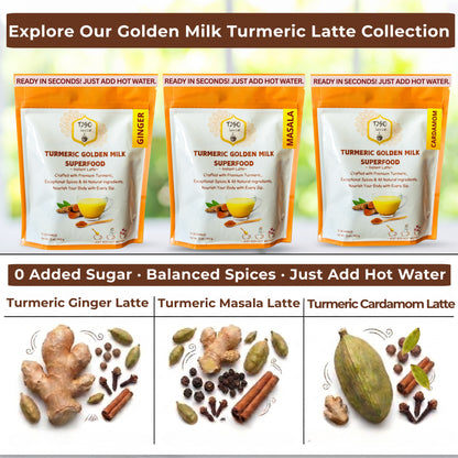 T2GO golden milk turmeric latte powder collection — turmeric cardamom, turmeric ginger, and masala variants; sugar-free instant golden milk mix in 5oz pouches