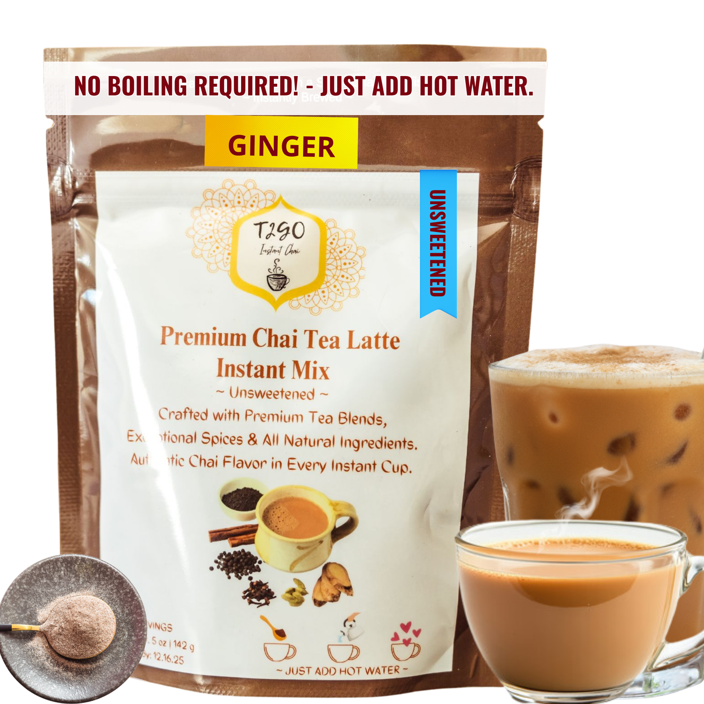 Unsweetened Ginger Chai Latte Mix (5 oz) | Instant Sugar-Free Wellness Tea – T2GO