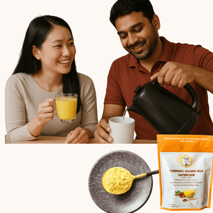 Man pouring liquid into a cup with a woman holding a glass of yellow drink, with a package of Turmeric Golden Milk Superfood in the foreground.