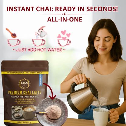 T2GO Unsweetened Masala Karak Chai Latte infographic showing an all-in-one instant tea mix. Just add hot water to the premium Assam tea and authentic spice blend for a perfect cup ready in seconds.
