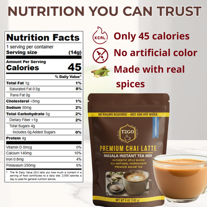 Nutrition facts for T2GO Unsweetened Masala Chai Latte Mix. Highlights 45 calories per serving, 0g added sugar, and no artificial colors. A keto-friendly and diabetic-safe instant masala chai powder made with real spices and premium Assam tea.