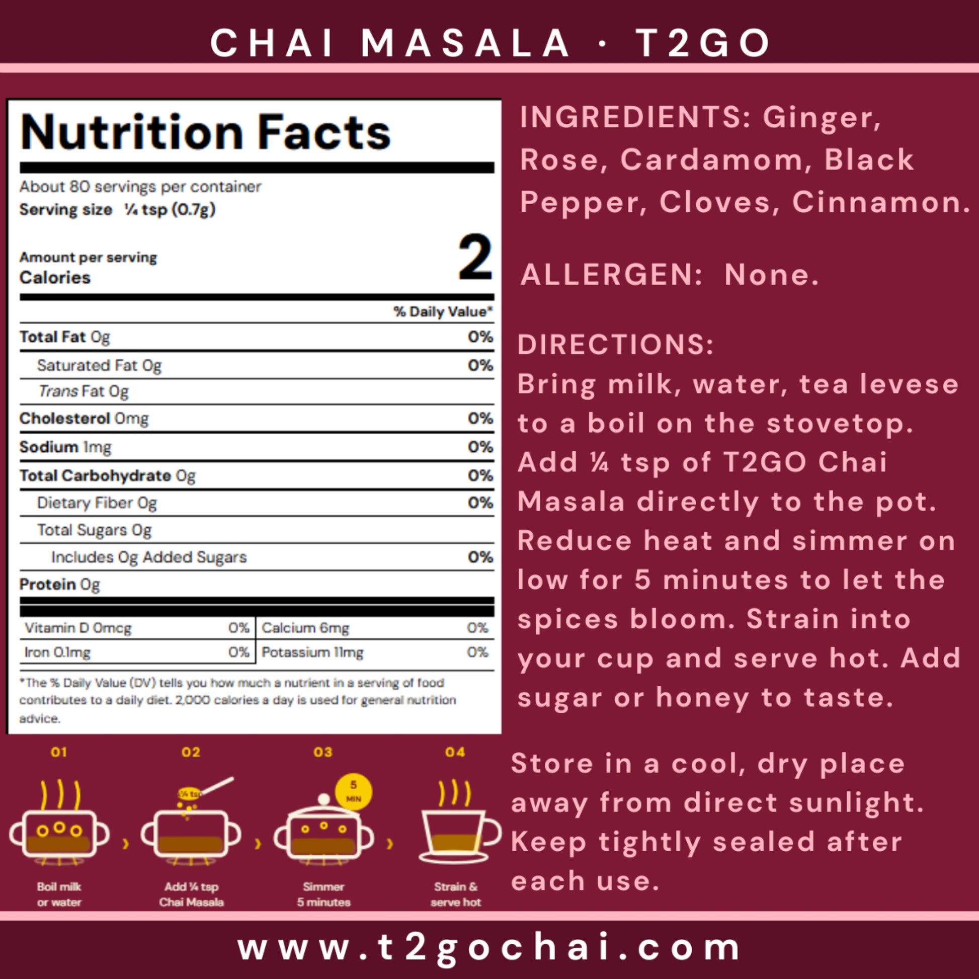 A maroon and white informational card for T2GO Chai Masala tea, showing a Nutrition Facts panel, ingredients list, directions, brewing steps with illustrated pots, and the website www.t2gochai.