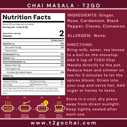 A maroon and white informational card for T2GO Chai Masala tea, showing a Nutrition Facts panel, ingredients list, directions, brewing steps with illustrated pots, and the website www.t2gochai.