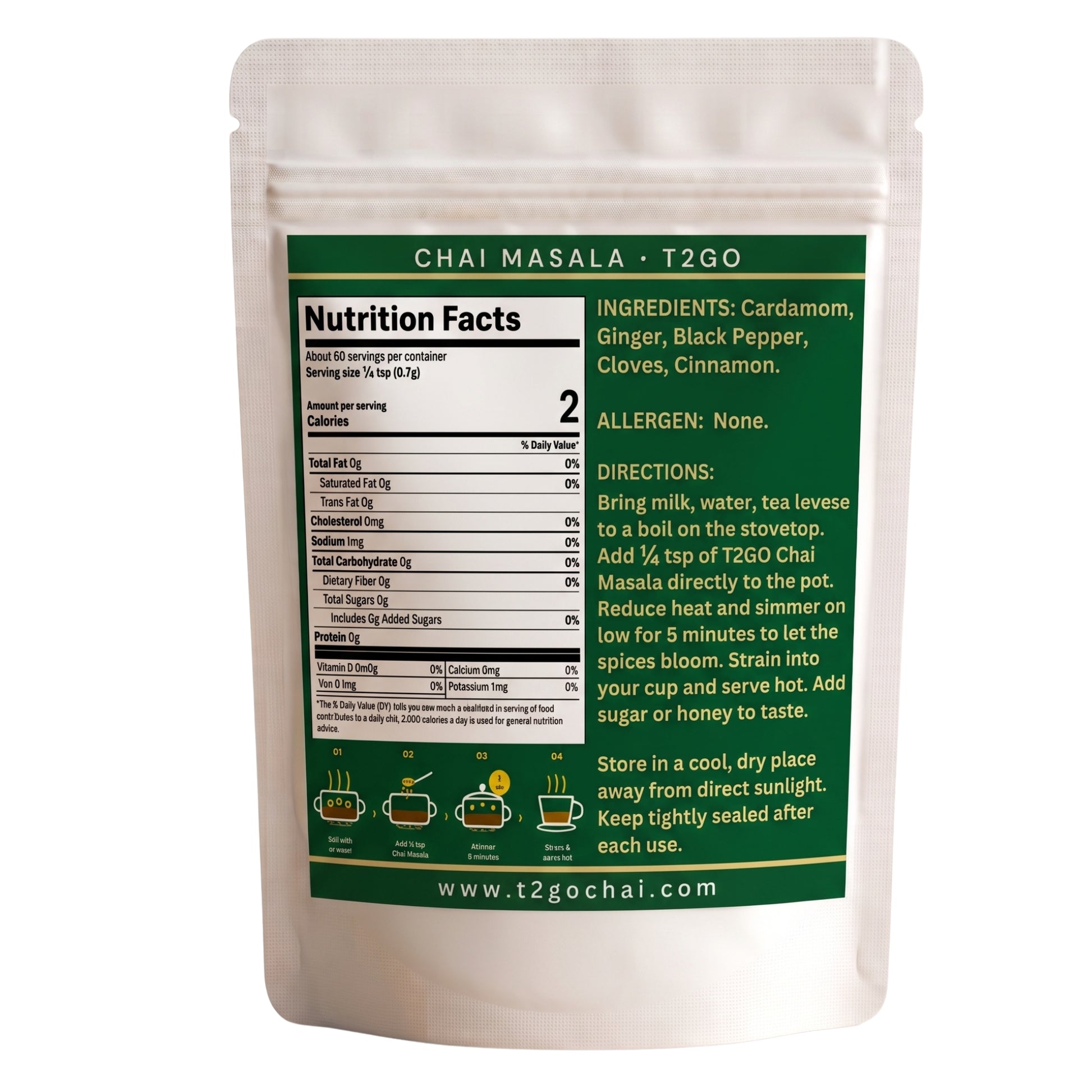 Back of the T2GO Extra Cardamom Chai Masala 2 oz pouch showing nutrition facts and ingredients
