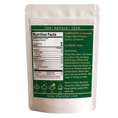 Back of the T2GO Extra Cardamom Chai Masala 2 oz pouch showing nutrition facts and ingredients