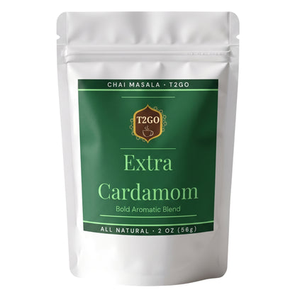 Front of the T2GO Extra Cardamom Chai Masala 2 oz pouch, an all-natural cardamom-forward chai spice blend