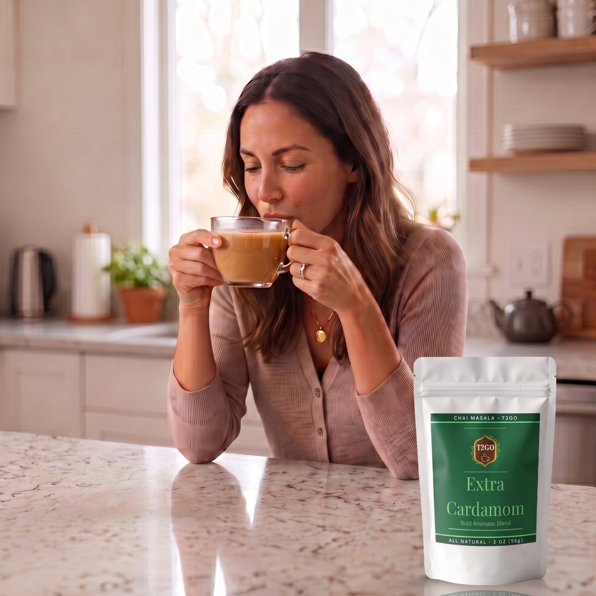 Woman sipping cardamom masala chai in a bright kitchen next to a T2GO Extra Cardamom Chai Masala pouch