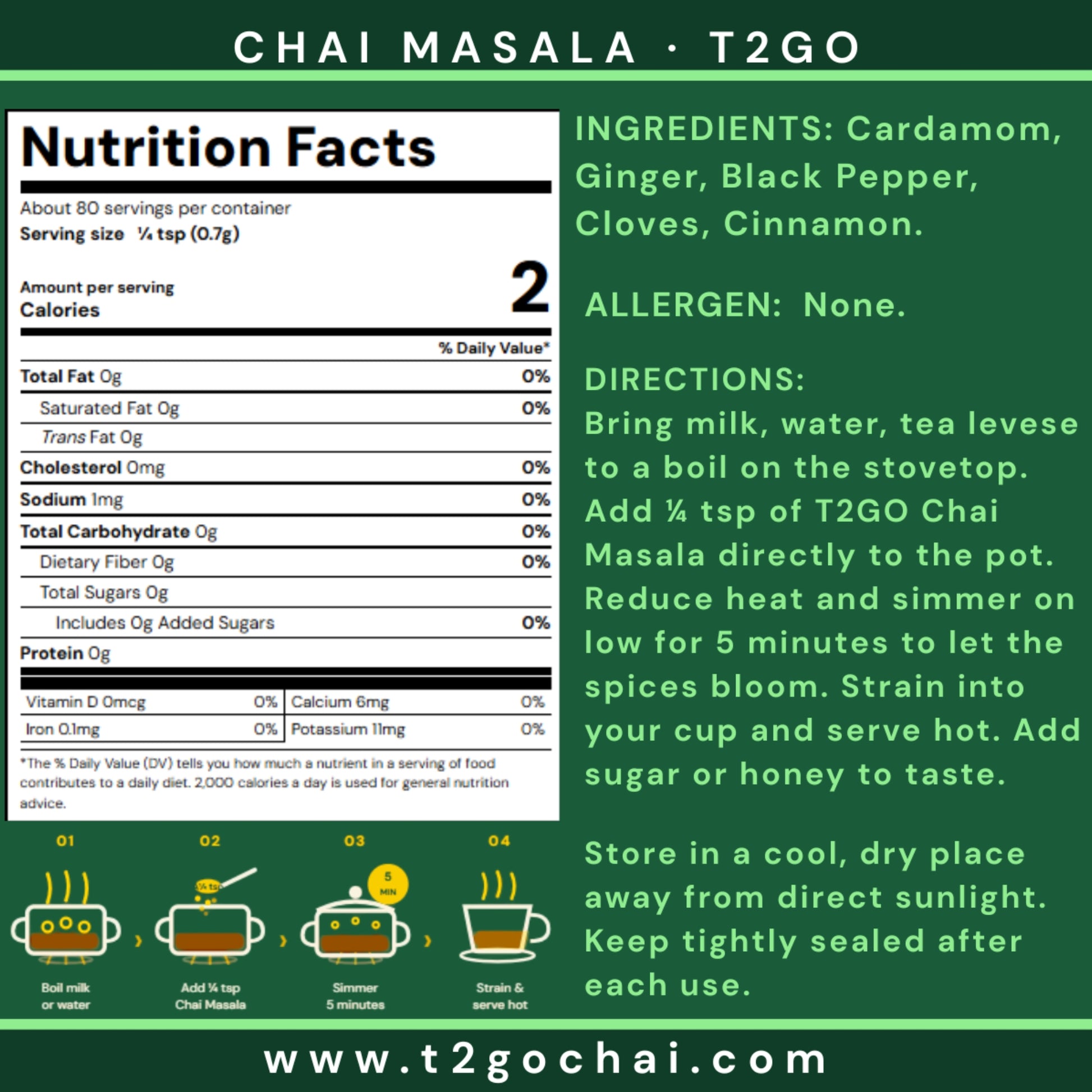 T2GO Extra Cardamom Chai Masala label with nutrition facts, ingredients and brewing directions