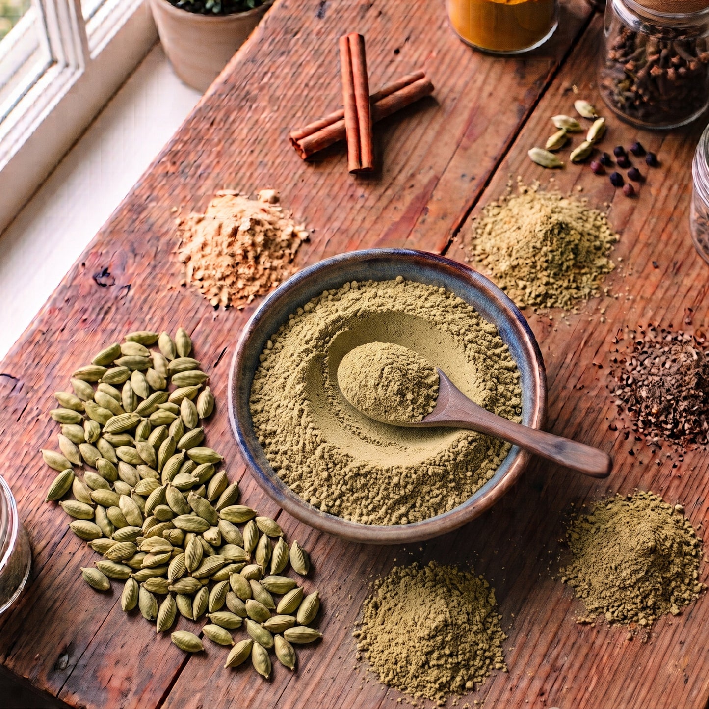 T2GO Extra Cardamom Chai Masala in a bowl surrounded by cardamom pods, cinnamon, cloves, ginger and pepper