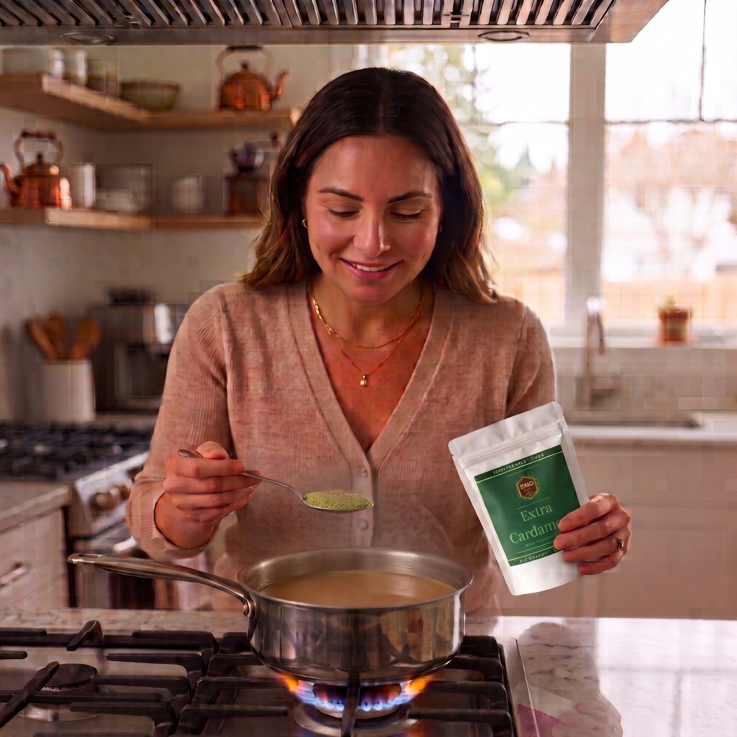 Spooning T2GO Extra Cardamom Chai Masala into a pot of simmering chai on the stovetop