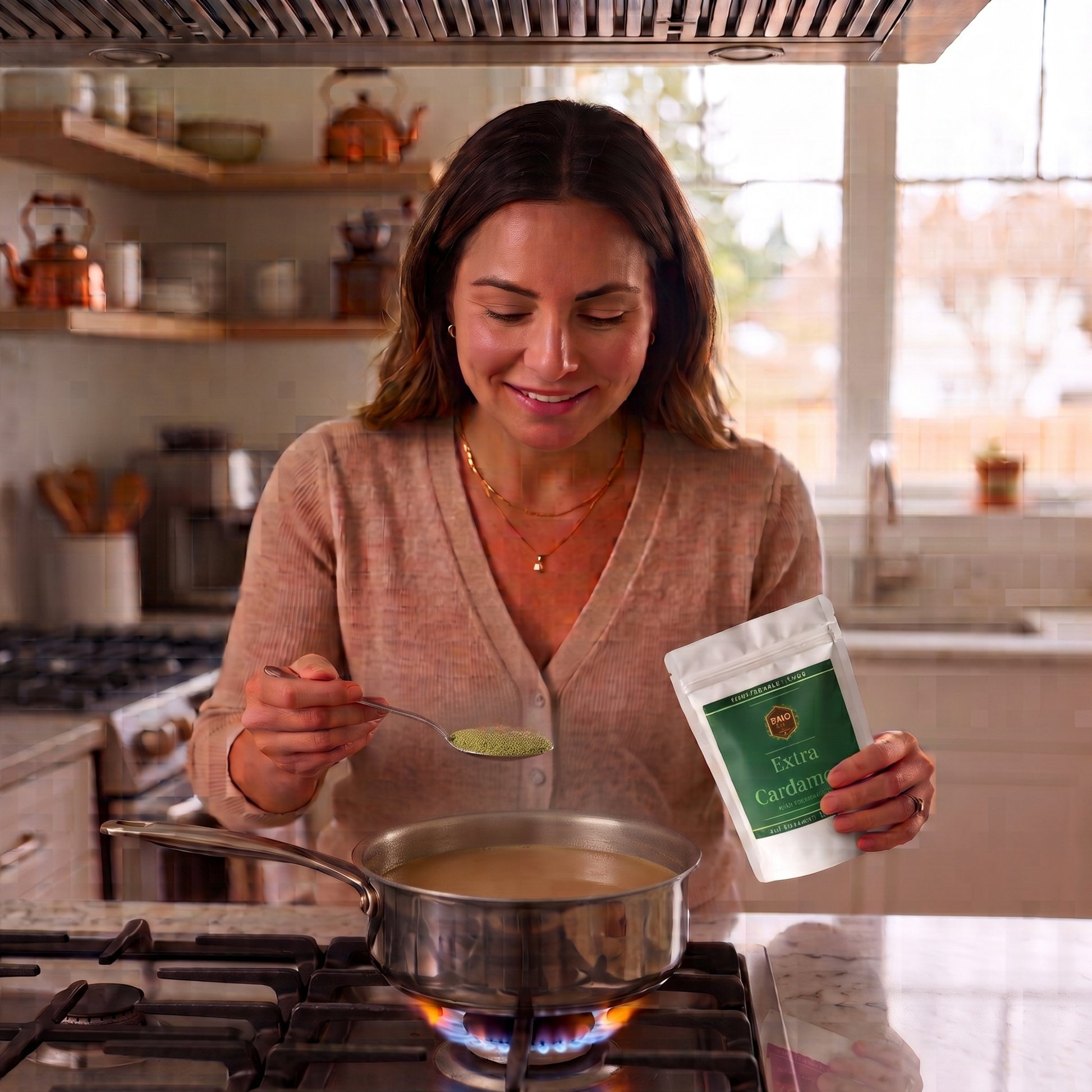 Spooning T2GO Extra Cardamom Chai Masala into a pot of simmering chai on the stovetop